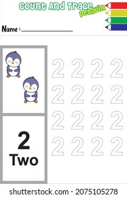 number trace and color penguin. cute animal. cartoon animal.