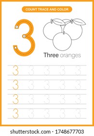 Number Trace and Colour Worksheet : Number 3 for kids learning to count, write and paint