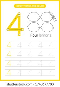 Hoja de trabajo de seguimiento de números y color: Número 4 para los niños que aprenden a contar, escribir y pintar