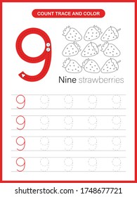 Number Trace and Colour Worksheet : Number 9 for kids learning to count, write and paint