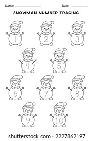 Number tracing with cute snowmen. Black and white worksheet for kids.