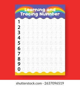 Number Tracing and Learning Worksheet for Preschool Kids,  a4 print ready worksheet vector template for kids suitable for back to school