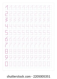 Number Tracing page practice, red,blue, vector background illustration