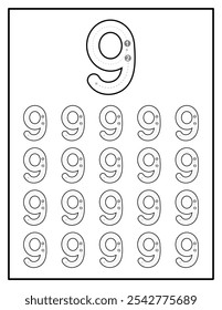 Planilhas De Prática De Rastreamento De Número Para Crianças Número Nove 9
