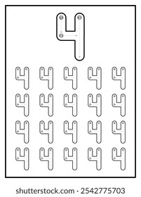 Hojas de Práctica de Rastreo de Números para Niños Número Cuatro 4