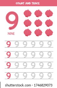 Number tracing practice. Writing number 9. Tracing worksheet with cartoon seashells. Ready for print. Math game for children who learn to count and write.