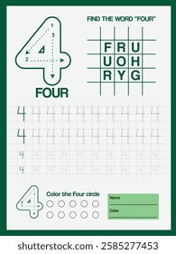 number tracing practice, writing number four, tracing worksheet