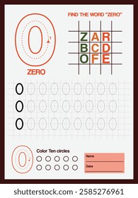 number tracing practice, writing number zero, tracing worksheet