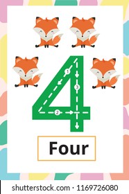 Number Tracing Worksheet four, 4, Kid number four with fox.