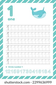 Number tracing worksheet for kids education. Learning numbers pages. Number one