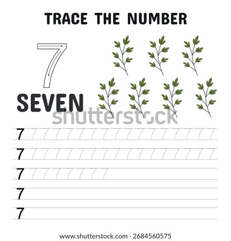 Number tracing worksheet for kids featuring number 7 with counting leaves and writing practice lines