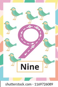 Number Tracing Worksheet nine, 9, Kid number nine with bird.