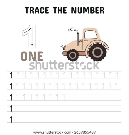 Number tracing worksheet for preschoolers featuring the number 1 with a cute tractor illustration, designed for early math and handwriting practice.