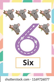 Number Tracing Worksheet six, 6, Kid number six with koala.