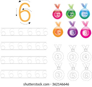 Number Tracing Worksheet six, Vector exercise illustrated alphabet. Learn handwriting. Tracing worksheet for figure 6.