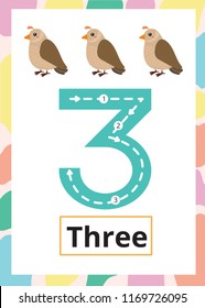 Number Tracing Worksheet three, 3, Kid number three with Quail. 