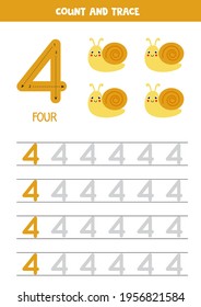 Number tracing worksheet. Writing number four. Cute snails.