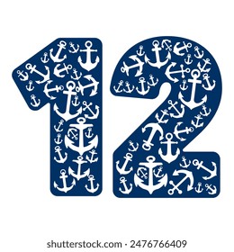 Number Twelve With Anchor Pattern. Number 12 Isolated On A White Background
