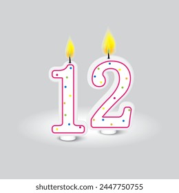 Number twelve birthday candle. Celebration decoration. Anniversary event. Vector illustration. EPS 10.