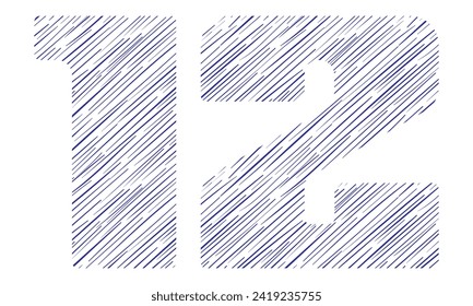 Number Twelve With Hand Drawn Pattern Vector Illustration. Number 12 With Line Pattern Isolated On A White Background
