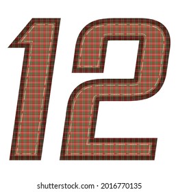 Number Twelve With Plaid Pattern Vector Illustration. Colorful Textile Number 12 Isolated On A White Background
