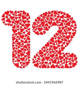 Number Twelve With Red Hearts Love Pattern Vector Illustration. Number 12 Isolated On A White Background
