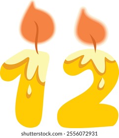 
Number Twelve Shaped Candle Vector Cartoon Design Illustration. Numerical designed celebratory decor for birthday event 
