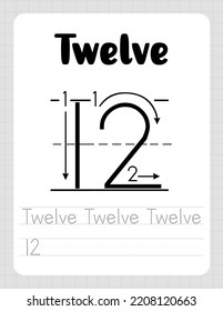 Number Twelve. Tracing Worksheet for kids. Learn how to write numbers for Preschool Kids. Practicing motor skills for kids. Flat vector illustration for printing.