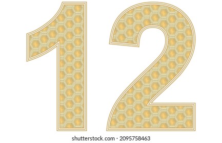 Nummer zwölf Vektorgrafik. Nummer 12 mit einem Muster für sechseckige Honigwabenmuster in Random-Größe einzeln auf weißem Hintergrund
