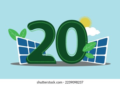 Number twenty 20 Green number with solar panel and sun with clouds Sustainability solar energy