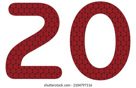 Number Twenty With Abstract Spheres Pattern Vector Illustration. Red And Black Number 20 Isolated On A White Background
