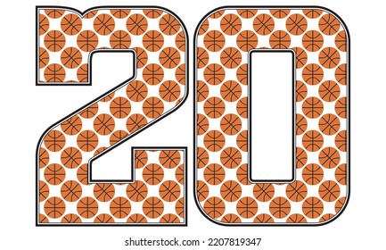 Number Twenty With Basketball Ball Pattern Vector Illustration. Number 20 Isolated On A White Background

