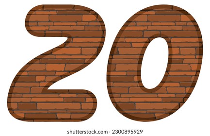 Número Veinte En Ilustración De Vectores De Estilo Ladrillo. Número 20 Con Textura De Ladrillo Aislada En Fondo Blanco