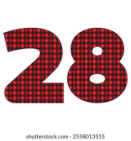 Number Twenty Eight With Argyle Pattern Vector Illustration. Number 28 Isolated On A White Background
