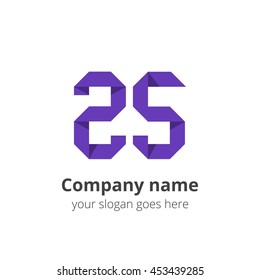 Number twenty five origami vector flat design style for logo or icon template with purple color and shadow. Isolated symbol two and five on white background.