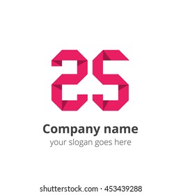 Number twenty five origami vector flat design style for logo or icon template with pink color and shadow. Isolated symbol two and five on white background.
