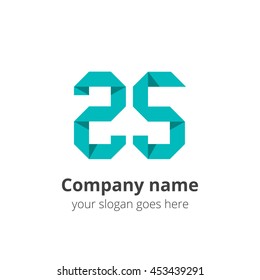 Number twenty five origami vector flat design style for logo or icon template with green color and shadow. Isolated symbol two and five on white background.