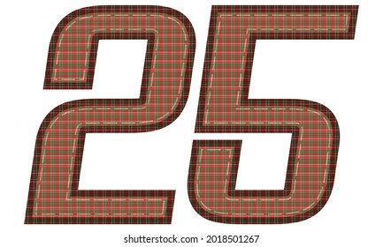 Number Twenty Five With Plaid Pattern Vector Illustration. Colorful Textile Number 25 Isolated On A White Background
