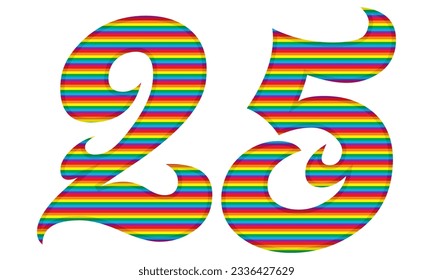 Number Twenty Five With Rainbow Colors Pattern Vector Illustration. Number 25 In LGBT Flag Colors