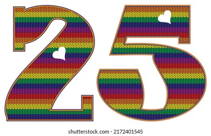 Number Twenty Five With Rainbow LGBT Pattern. Number 25 Isolated On A White Background. Knitted Pattern In LGBT Flag Colors
