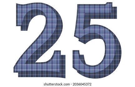 Number Twenty Five With Textile Texture Vector Illustration. Number 25 With Plaid Pattern Isolated On A White Background
