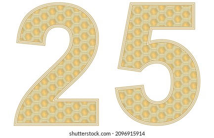 Number Twenty Five Vector Illustration. Number 25 With Random Size Hexagonal Honeycomb Pattern Isolated On A White Background
