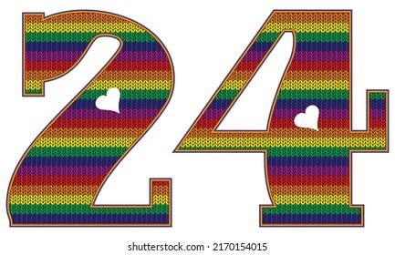 Number Twenty Four With Rainbow LGBT Pattern. Number 24 Isolated On A White Background. Knitted Pattern In LGBT Flag Colors
