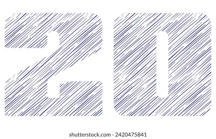 Number Twenty With Hand Drawn Pattern Vector Illustration. Number 20 With Line Pattern Isolated On A White Background
