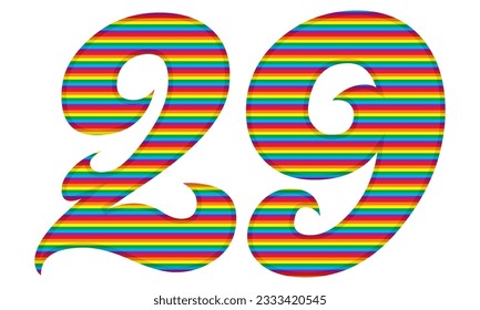 Number Twenty Nine With Rainbow Colors Pattern Vector Illustration. Number 29 In LGBT Flag Colors