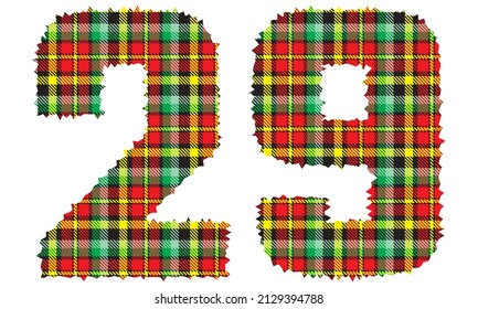 Number Twenty Nine With Textile Texture. Number 29 With Plaid Pattern Isolated On A White Background
