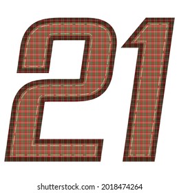 Number Twenty One With Plaid Pattern Vector Illustration. Colorful Textile Number 21 Isolated On A White Background
