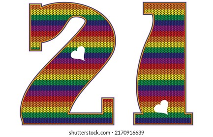Number Twenty One With Rainbow LGBT Pattern. Number 21 Isolated On A White Background. Knitted Pattern In LGBT Flag Colors
