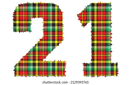 Number Twenty One With Textile Texture. Number 21 With Plaid Pattern Isolated On A White Background