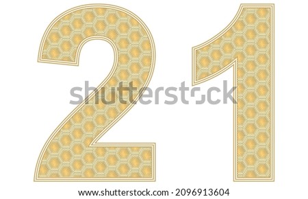 Number Twenty One Vector Illustration. Number 21 With Random Size Hexagonal Honeycomb Pattern Isolated On A White Background
